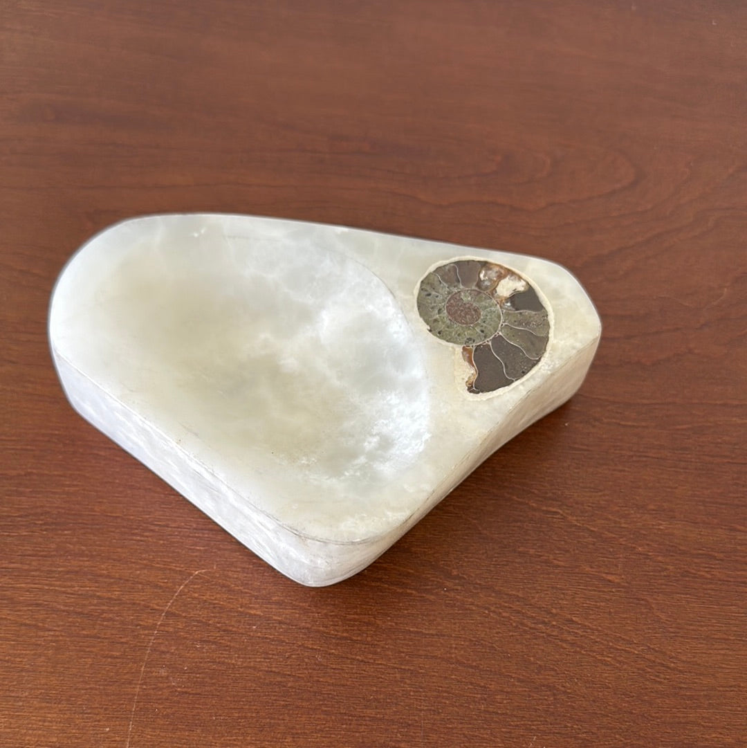 White Onyx With Ammonite Dish