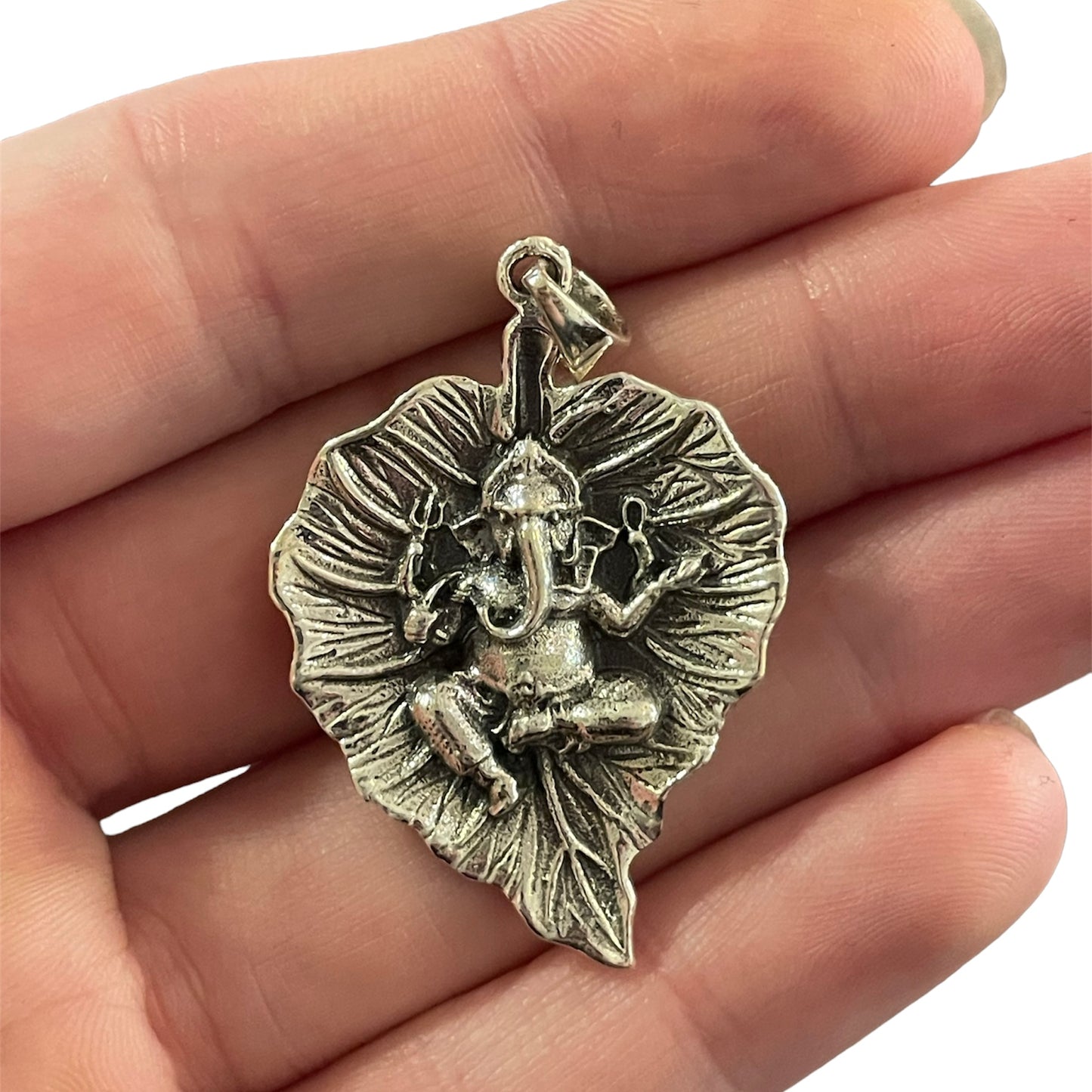 Sterling Silver Ganesha on Papal Leaf Pendant