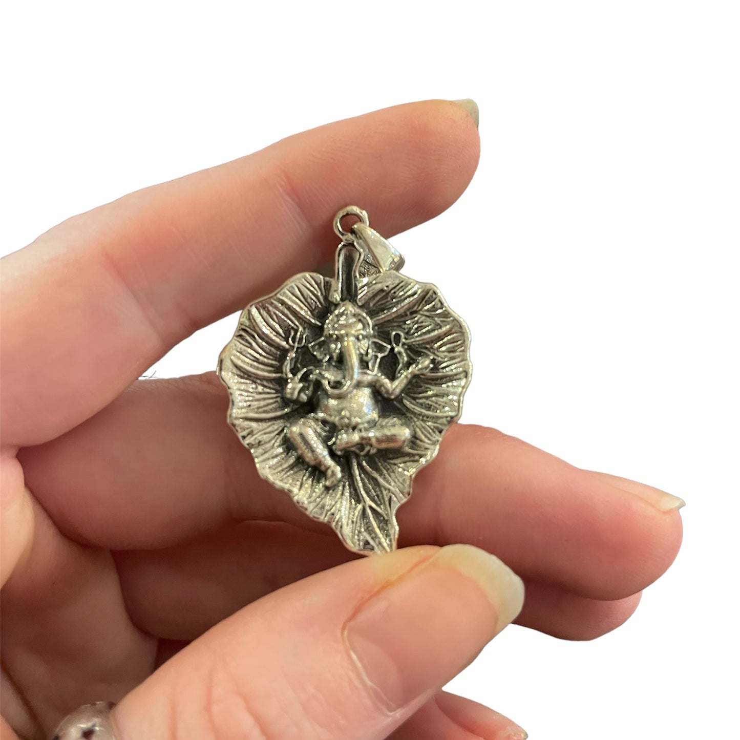 Sterling Silver Ganesha on Papal Leaf Pendant