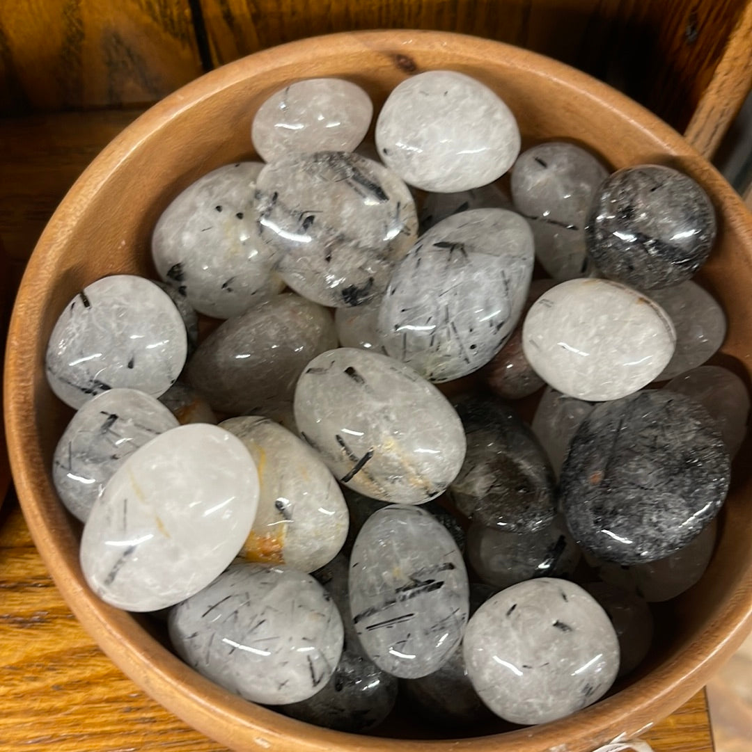 Black Tourmaline in clear quartz Tumbled